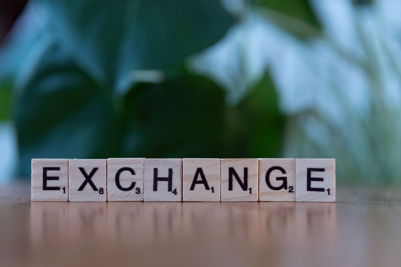 Services Wooden blocks spelling 'exchange' on a table with a blurred green background.