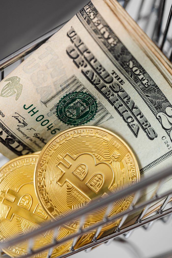Services Gold bitcoins and US dollar bills in a small shopping cart representing finance and digital currency.